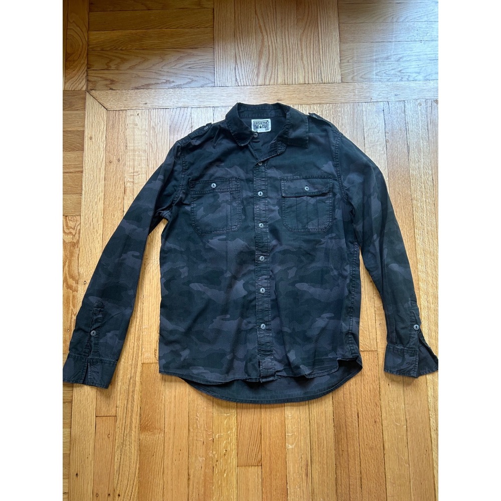 Converse One Star Mens Camo Button Down Shirt Grey Black Long Sleeve Size M